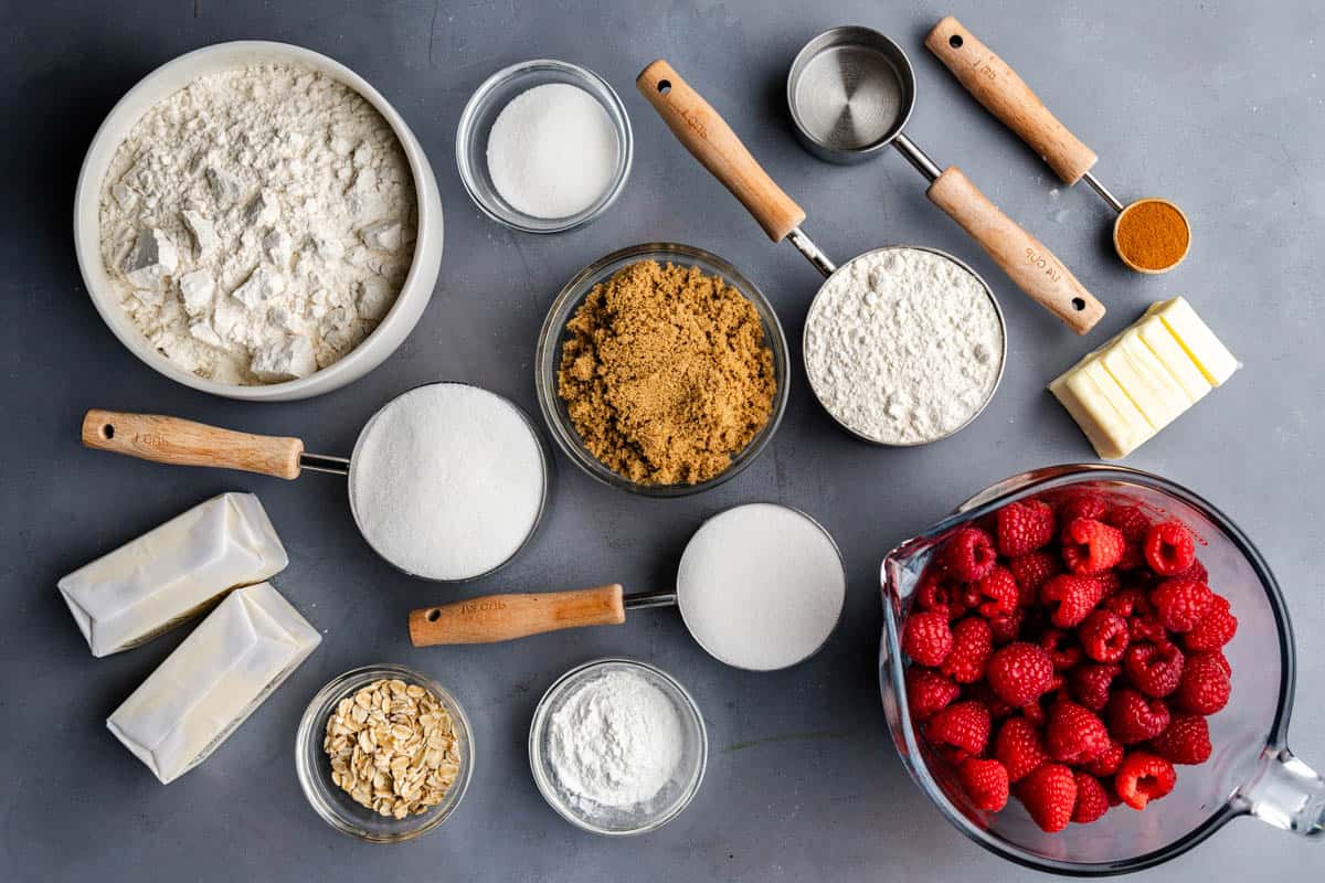 raw ingredients needed to make raspberry streusel dessert bars on table