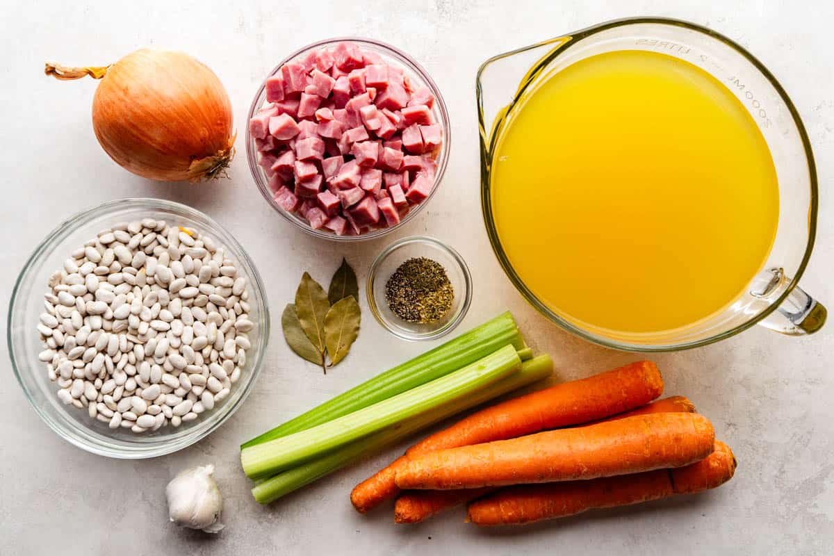 An overhead shot of ingredients for Slow Cooker Ham Beans.