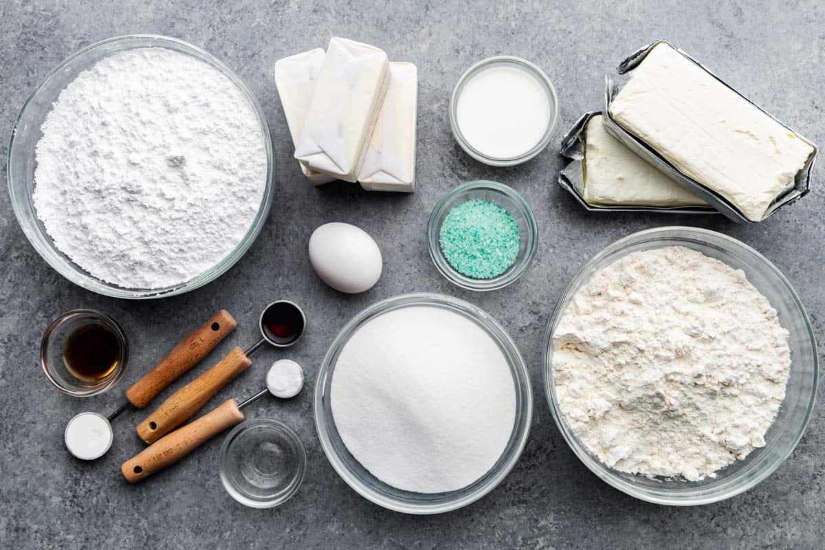 An overhead view of the ingredients needed to make sugar cookie bars.