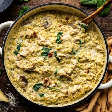 An overhead view of a pot of italian pasta orzo