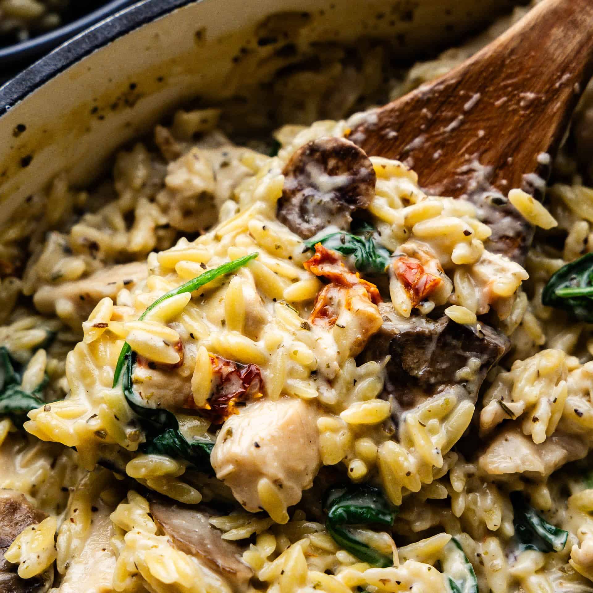 A wooden spoon scooping a helping of one pot italian pasta orzo.