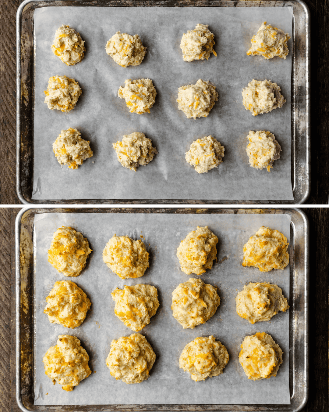 An collage of two images showing cheddar bay biscuits before and after baking.