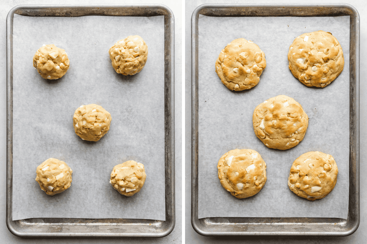 A collage of two images showing white chocolate macadamia nut cookies before and after baking.