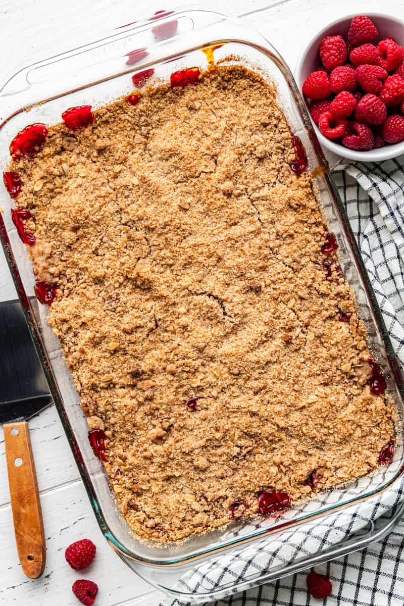 pan of raspberry streusel dessert bars on table