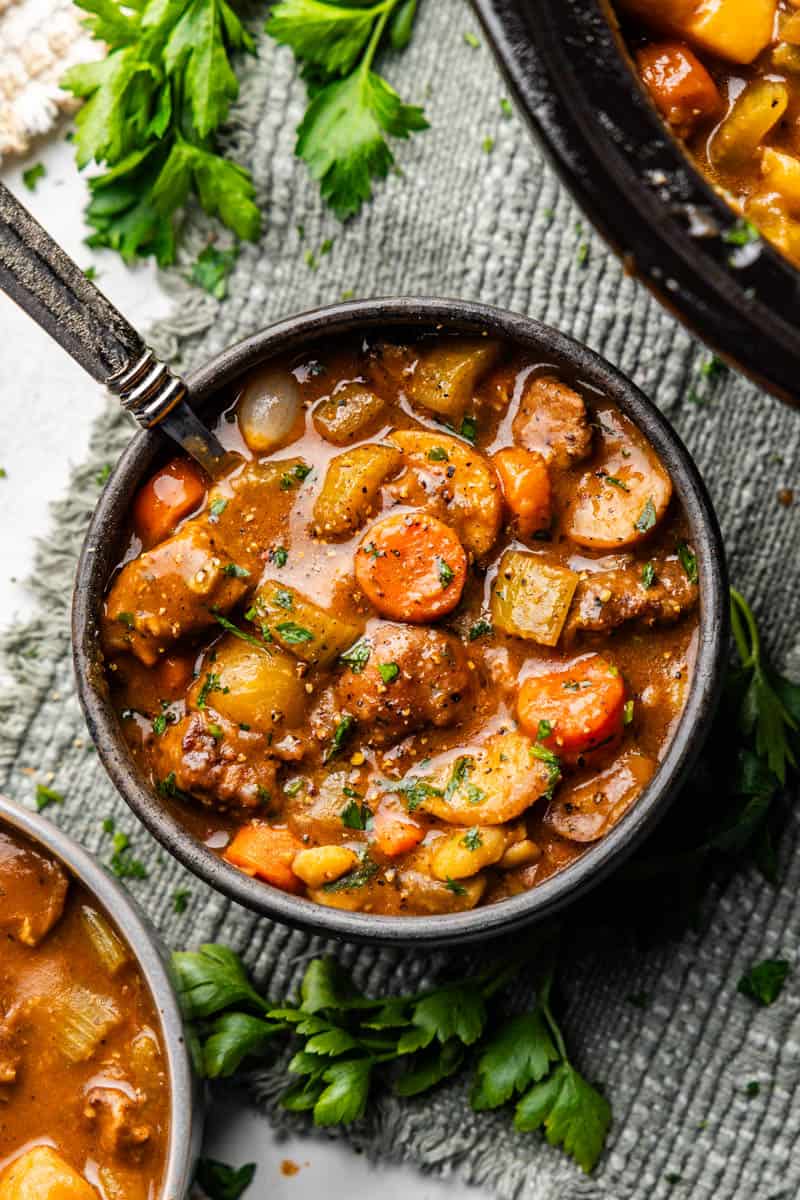 top view of bowl of homemade slow cooker beef stew