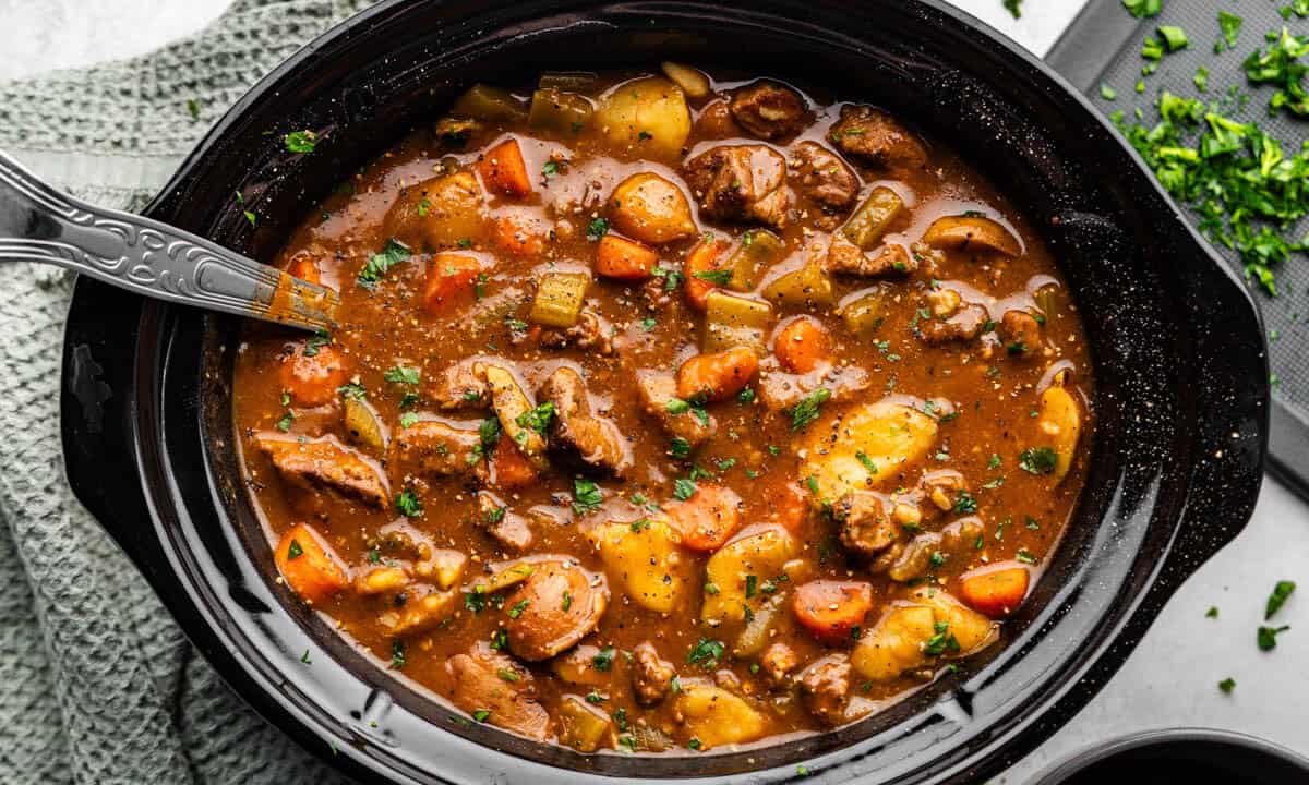 top view of slow cooker beef stew