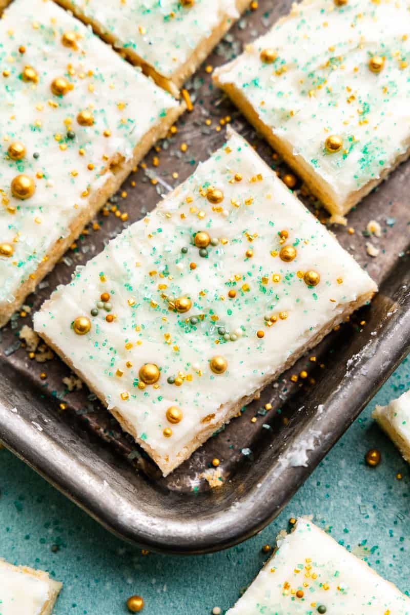 An overhead view of sugar cookie bars in the pan.