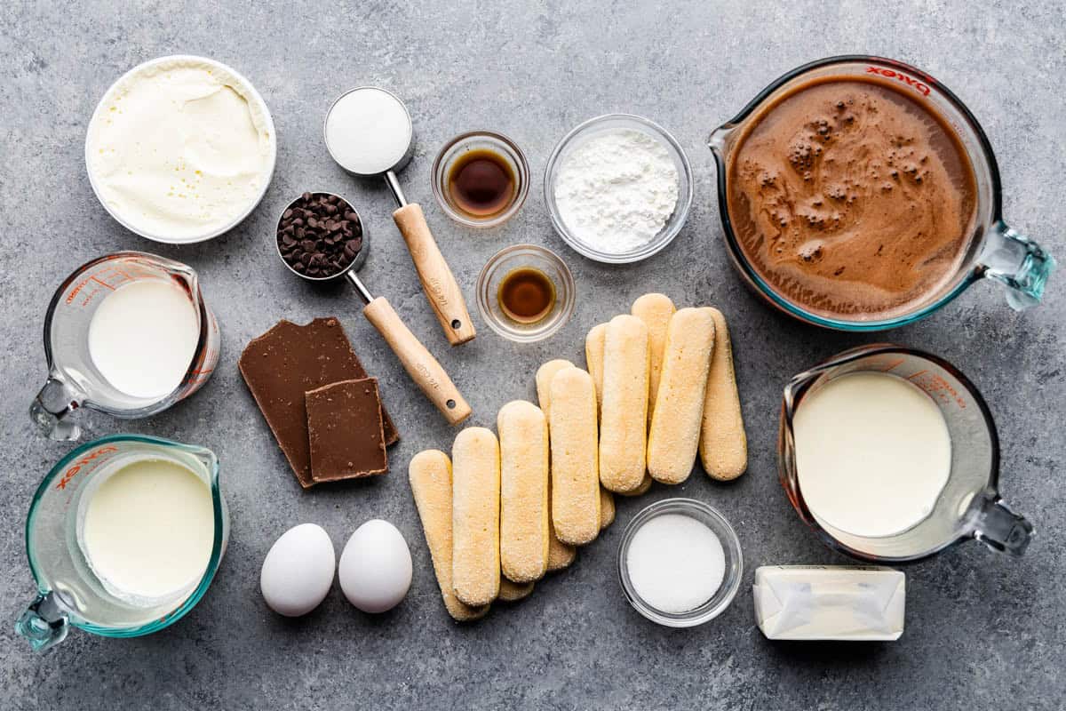 Overhead view of ingredients for chocolate tiramisu.