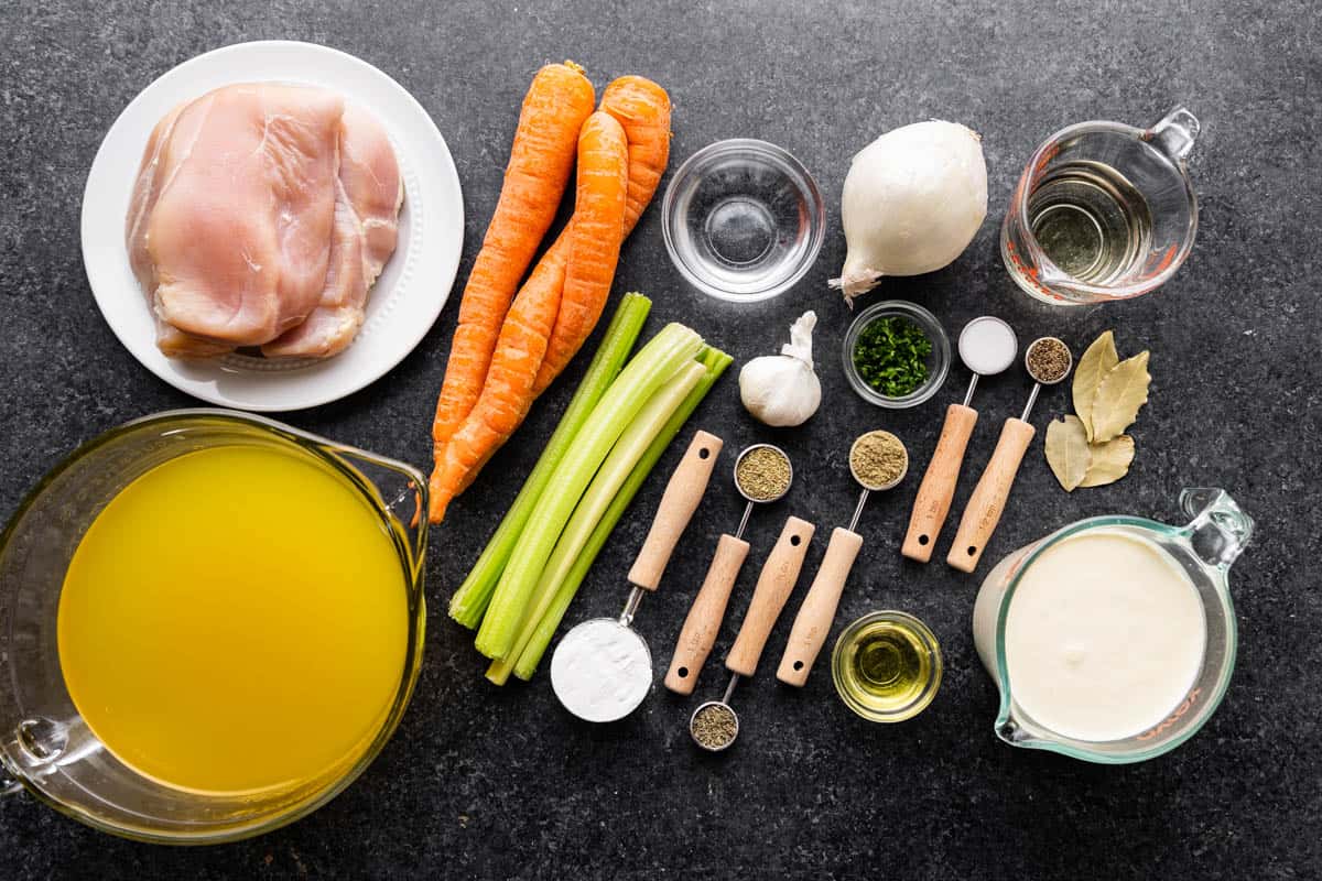 An overhead shot of ingredients for Slow Cooker Creamy Chicken Soup.