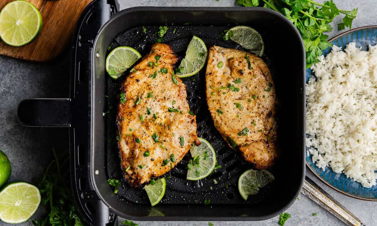 Overhead shot of Garlic Lime Chicken in an air fryer.