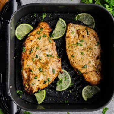 Overhead shot of Garlic Lime Chicken in an air fryer.