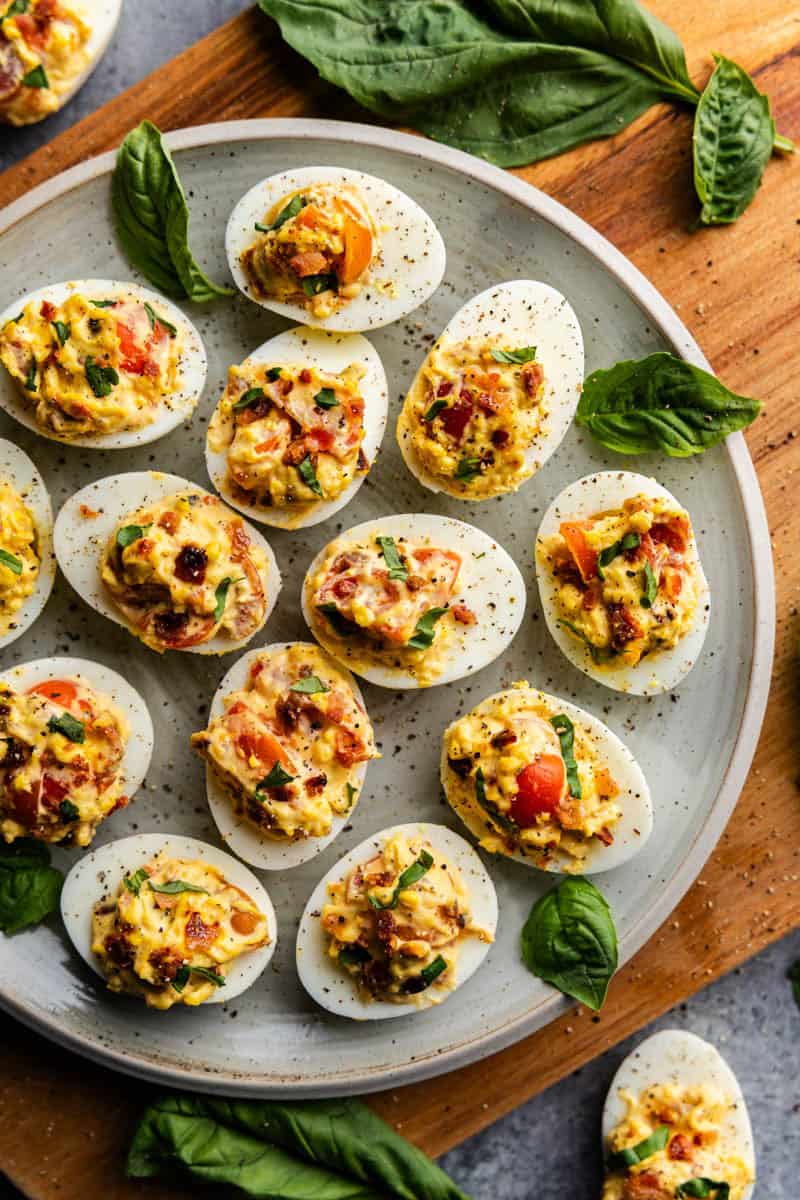 Overhead of platter of BLT Deviled Eggs.