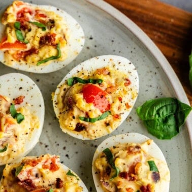 Closeup of BLT Deviled Eggs.