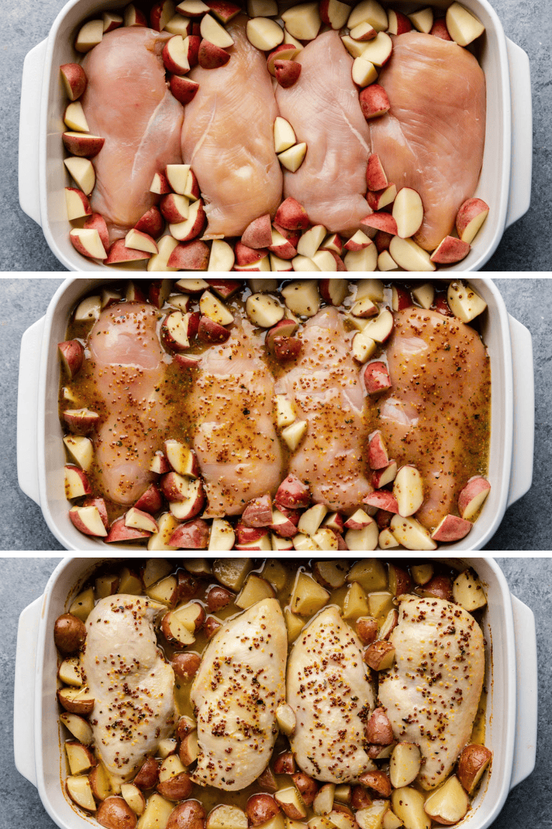 Collage of 3 images of Baked Honey Dijon Chicken and Potatoes in casserole dish before and after it's been baked.