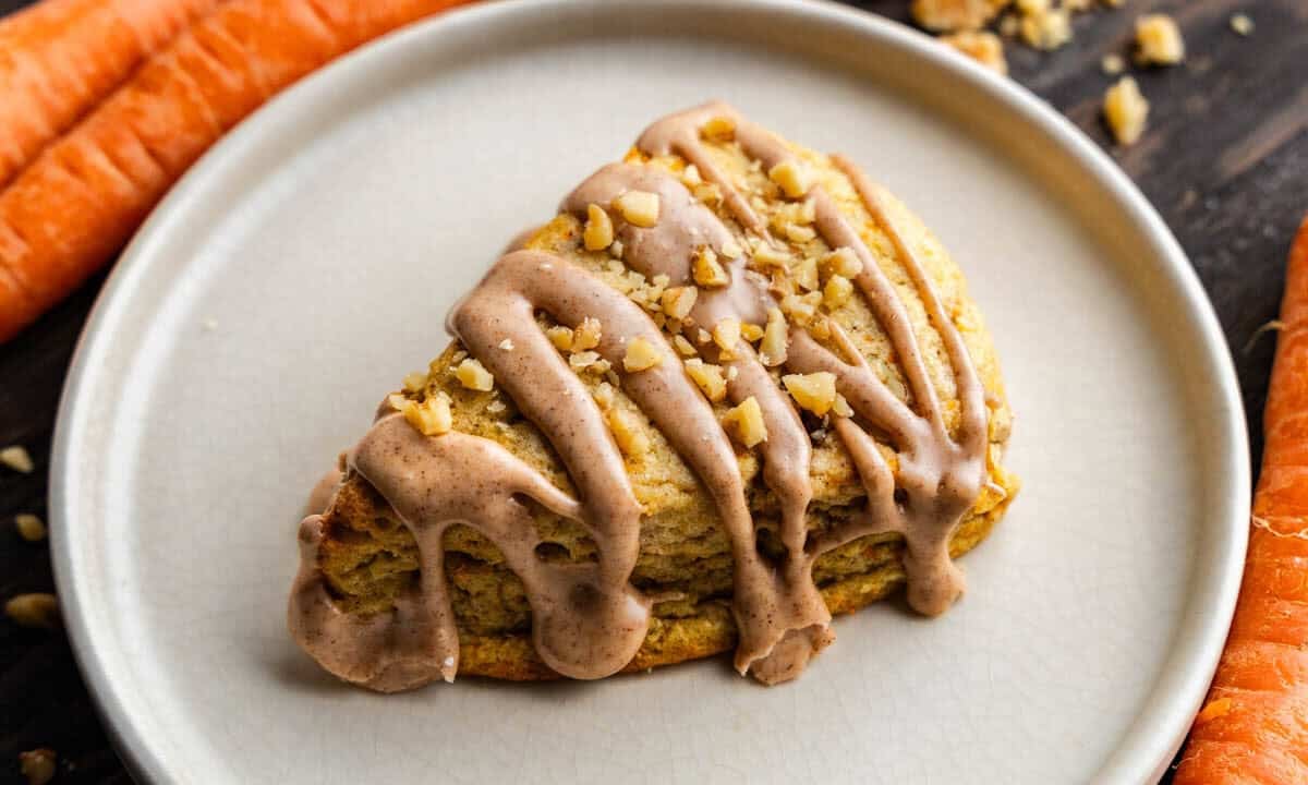 One Carrot Cake Scone on a white plate.