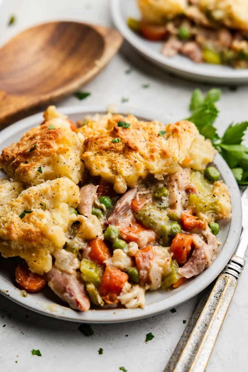 Closeup of Chicken Pot Pie Casserole plated.