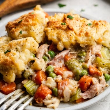 Closeup of Chicken Pot Pie Casserole plated.