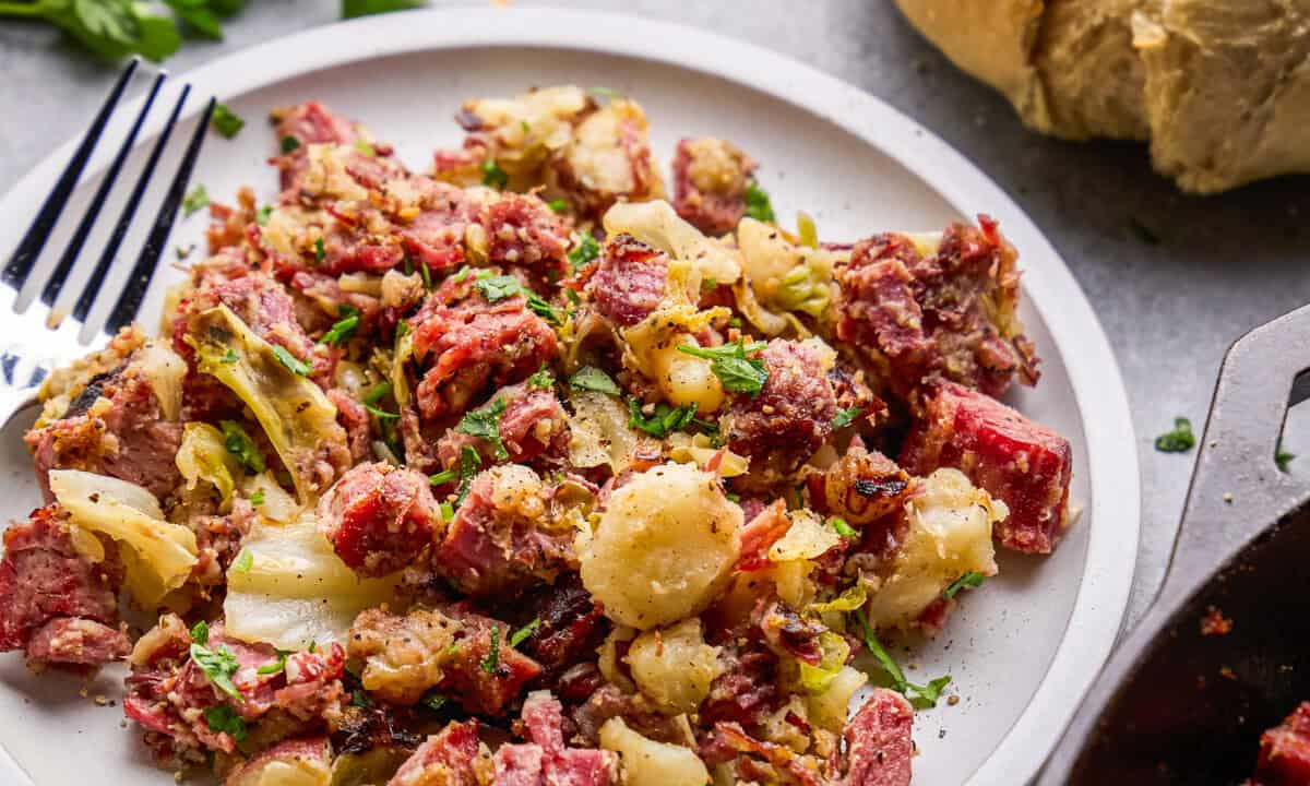 Overhead image of Corned Beef Cabbage Hash on a plate.