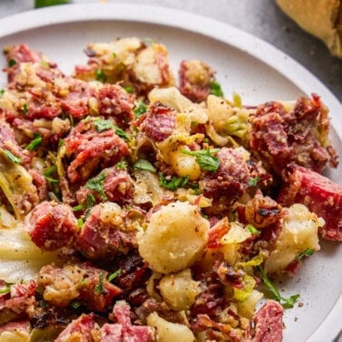 Overhead image of Corned Beef Cabbage Hash on a plate.