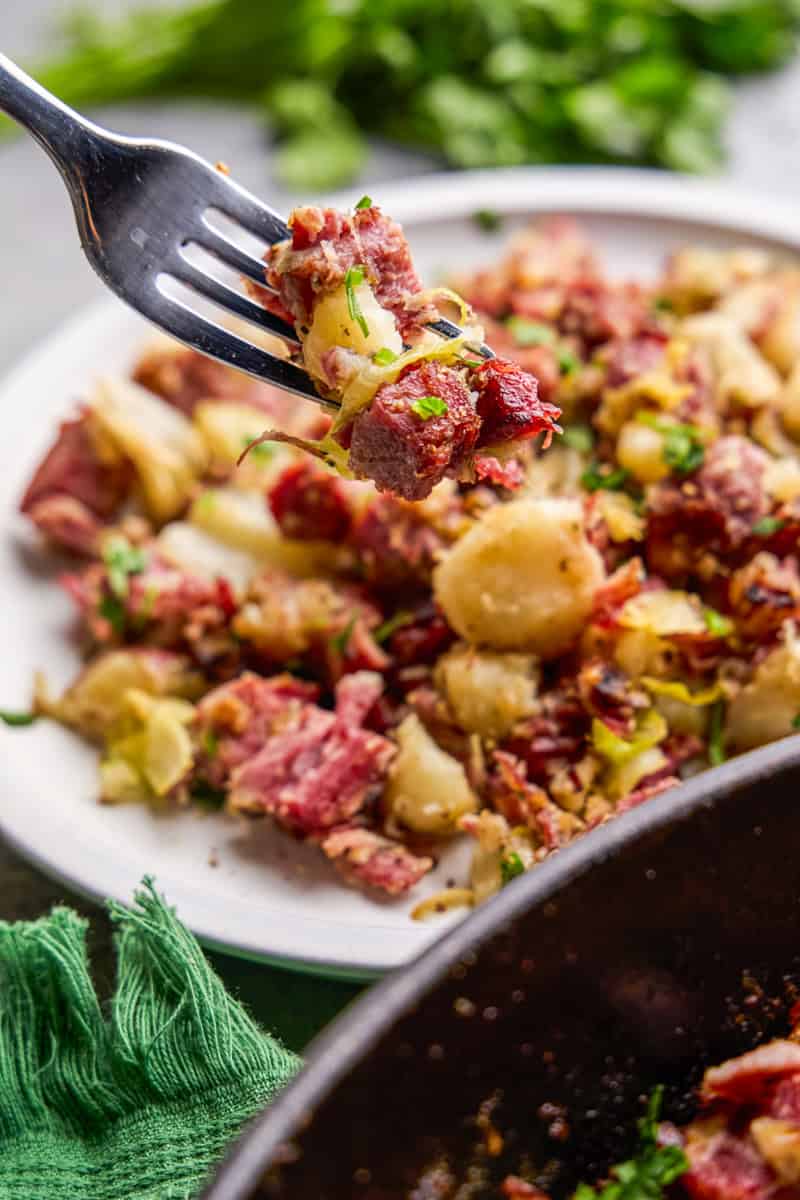 A forkful of Corned beef and cabbage hash suspended above a plate.