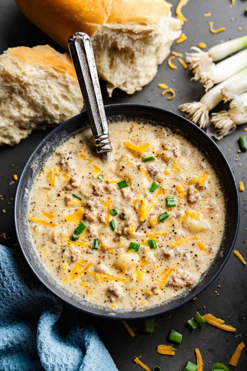 Overhead shot of Creamy Sausage Potato Soup in a bowl.