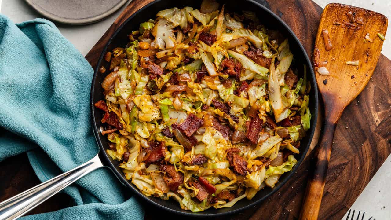 Overhead of Fried Cabbage in pan.