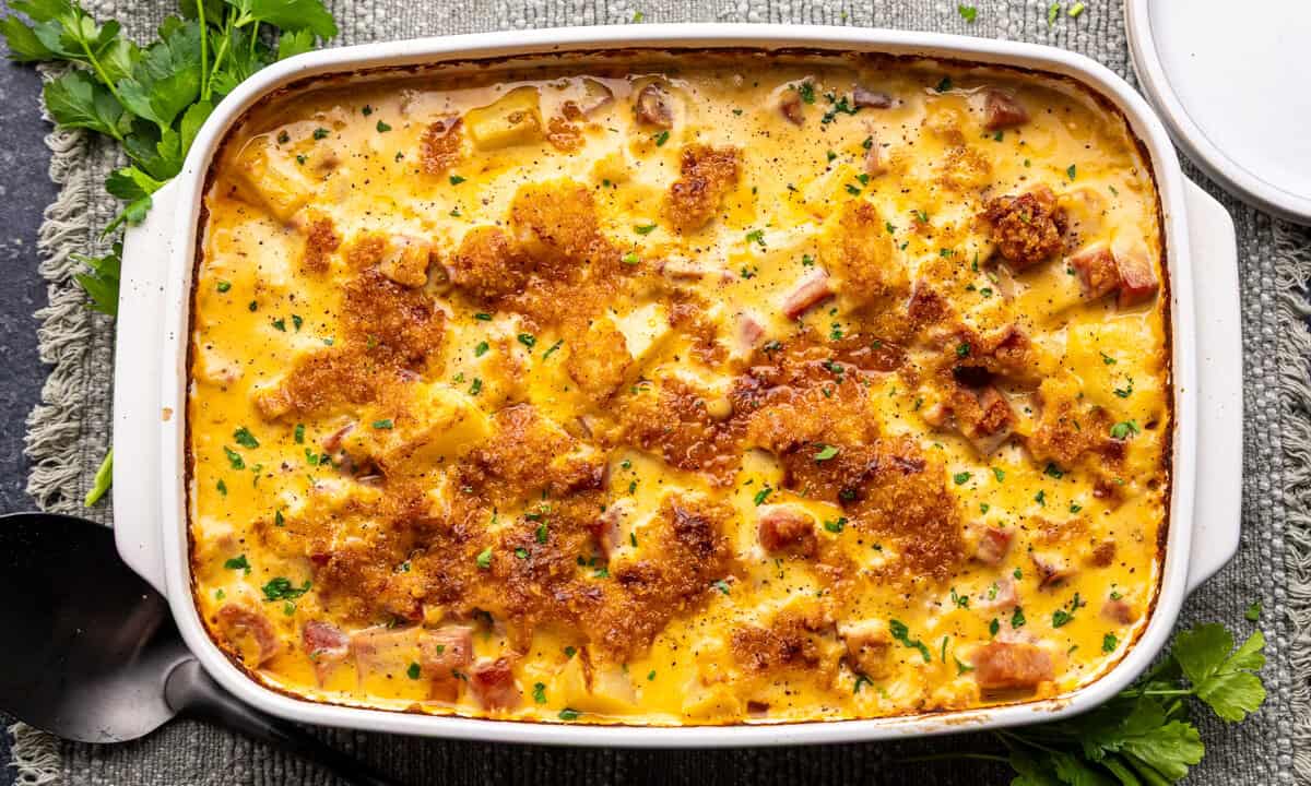 Overhead image of Ham & Potato Casserole in a white baking dish.