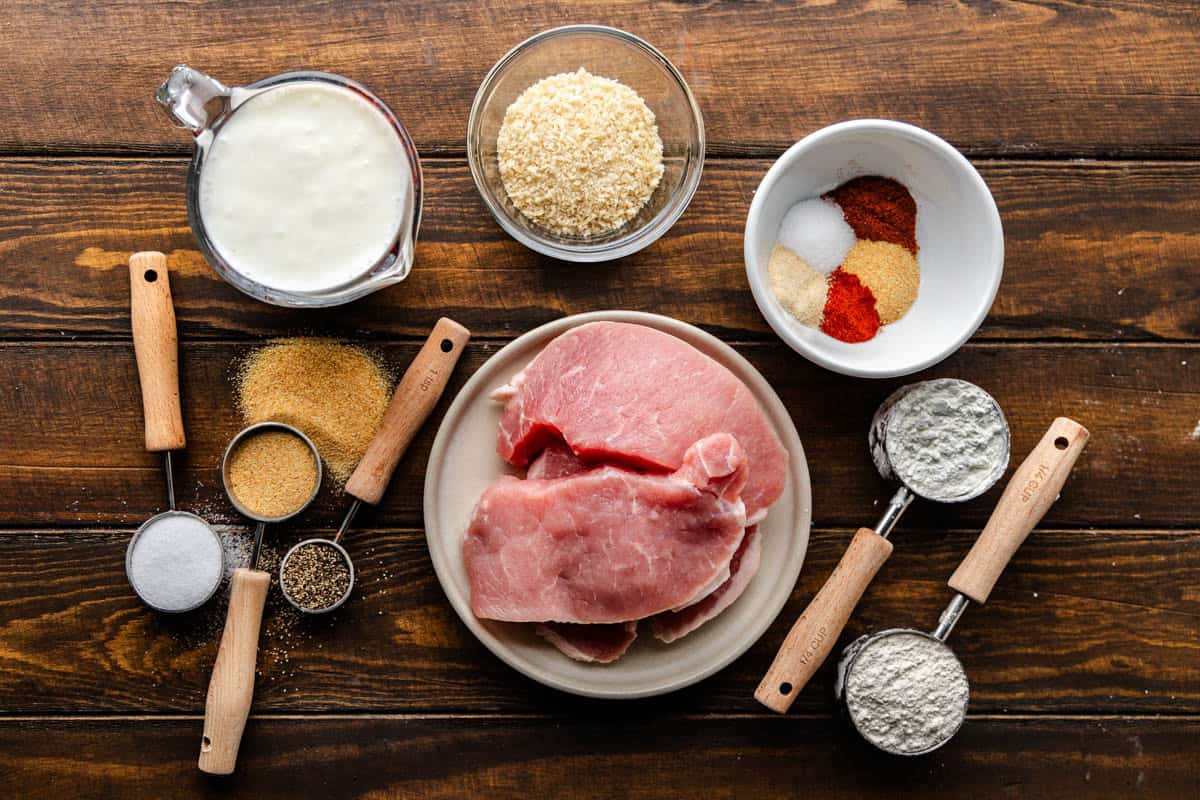 Overhead shot of Air fryer crispy pork chop ingredients.