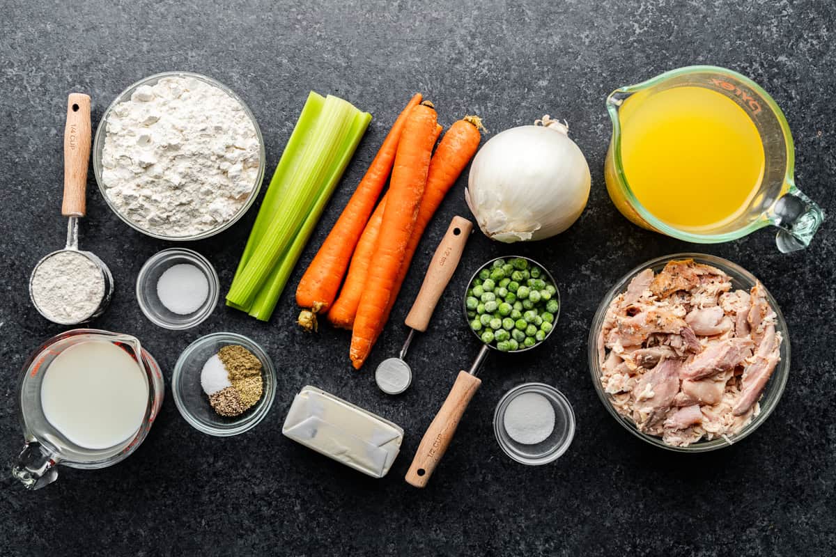 Ingredients used to make Chicken Pot Pie Casserole.