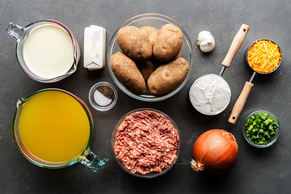 Overhead shot of ingredients for Creamy Sausage Potato Soup.