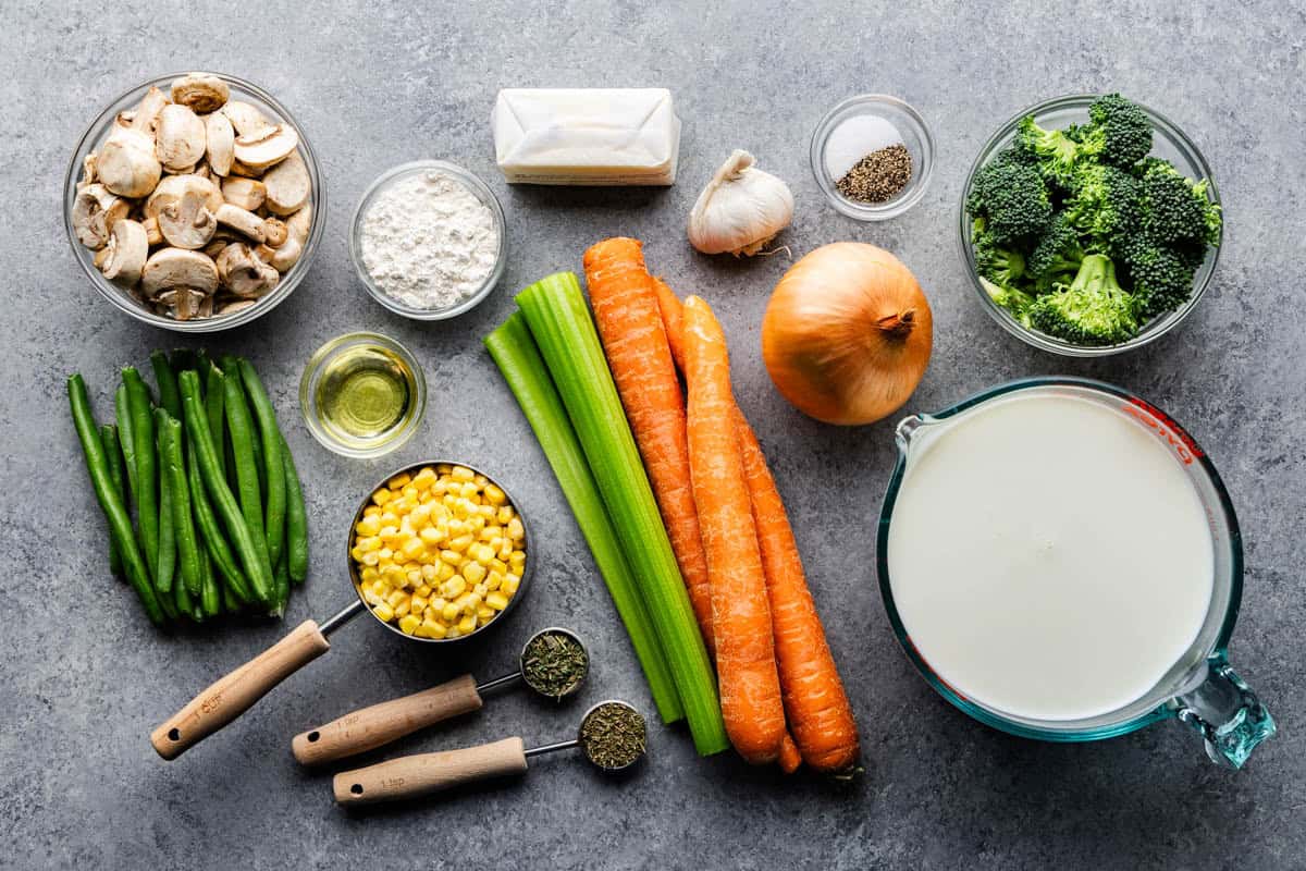 Overhead shot of ingredients for Creamy Vegetable Soup.