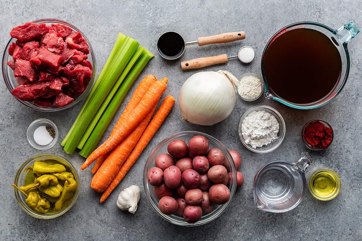 Overhead shot of Ingredients used to make Mississippi Beef Stew.