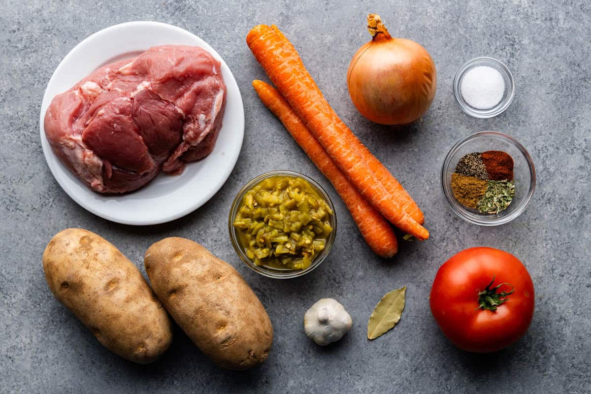 Overhead shot of the ingredients for Slow Cooker Green Chile Pork Stew.