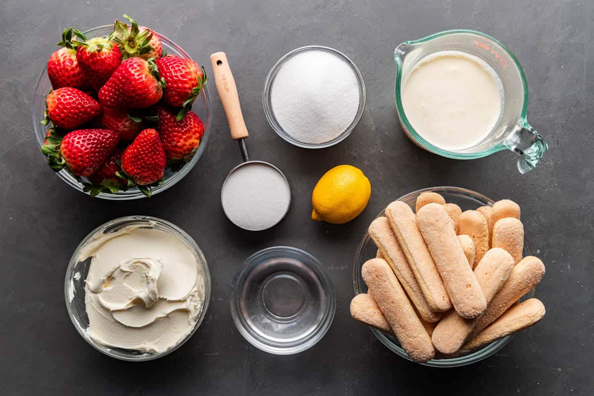 Overhead view of ingredients for Strawberries Cream Tiramisu.