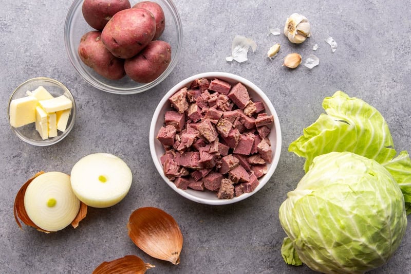 Ingredients for Corned Beef and Cabbage Hash recipe.