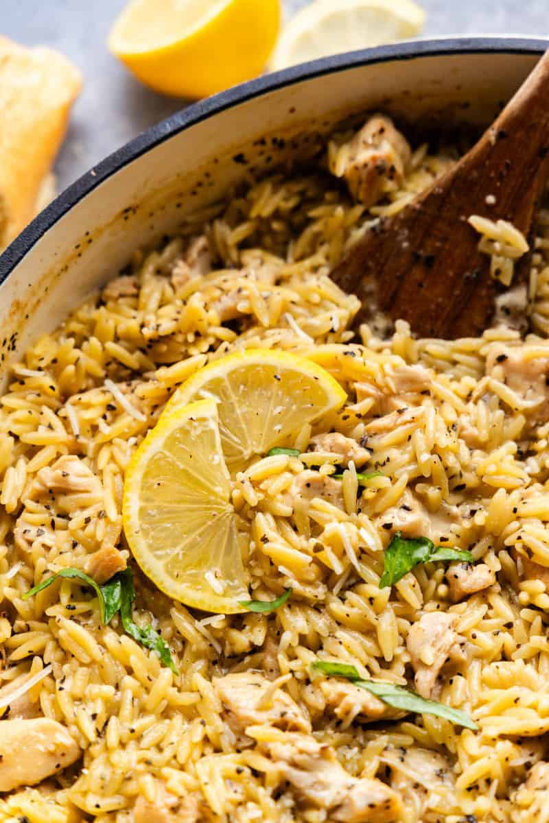 Closeup of Lemon Chicken & Orzo in a pot.