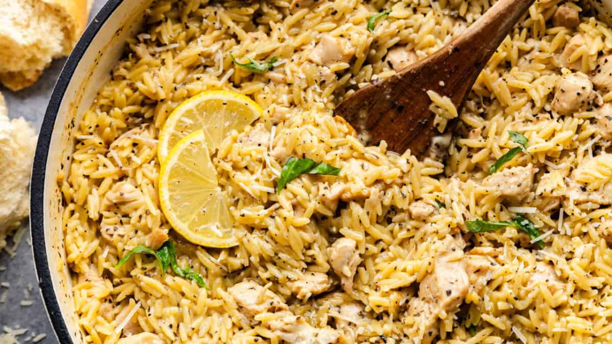 Overhead of Lemon Chicken & Orzo.