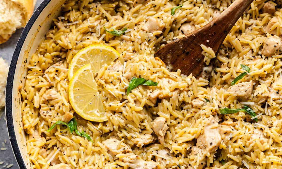 Overhead of Lemon Chicken & Orzo.