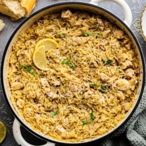 Square image of overhead shot of Lemon Chicken & Orzo.