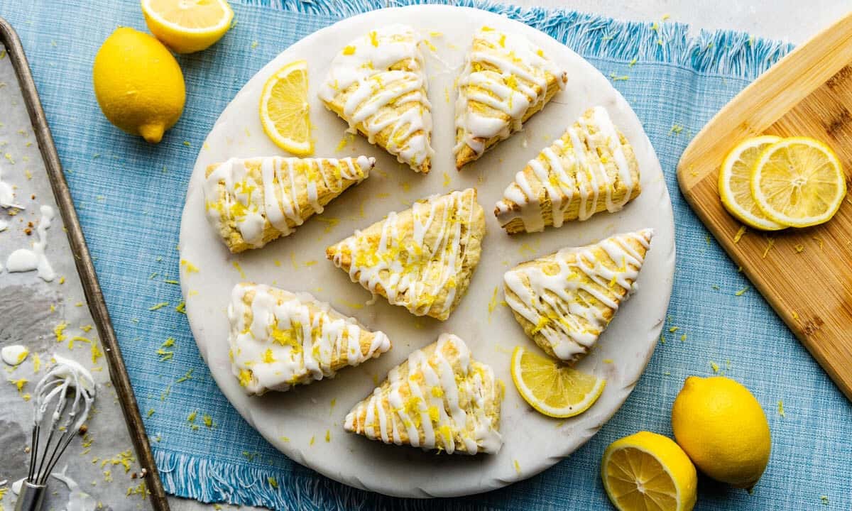 Overhead shot of Lemon Scones on a marble platter.