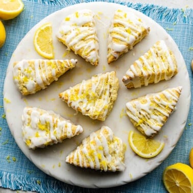 Overhead shot of Lemon Scones on a marble platter.