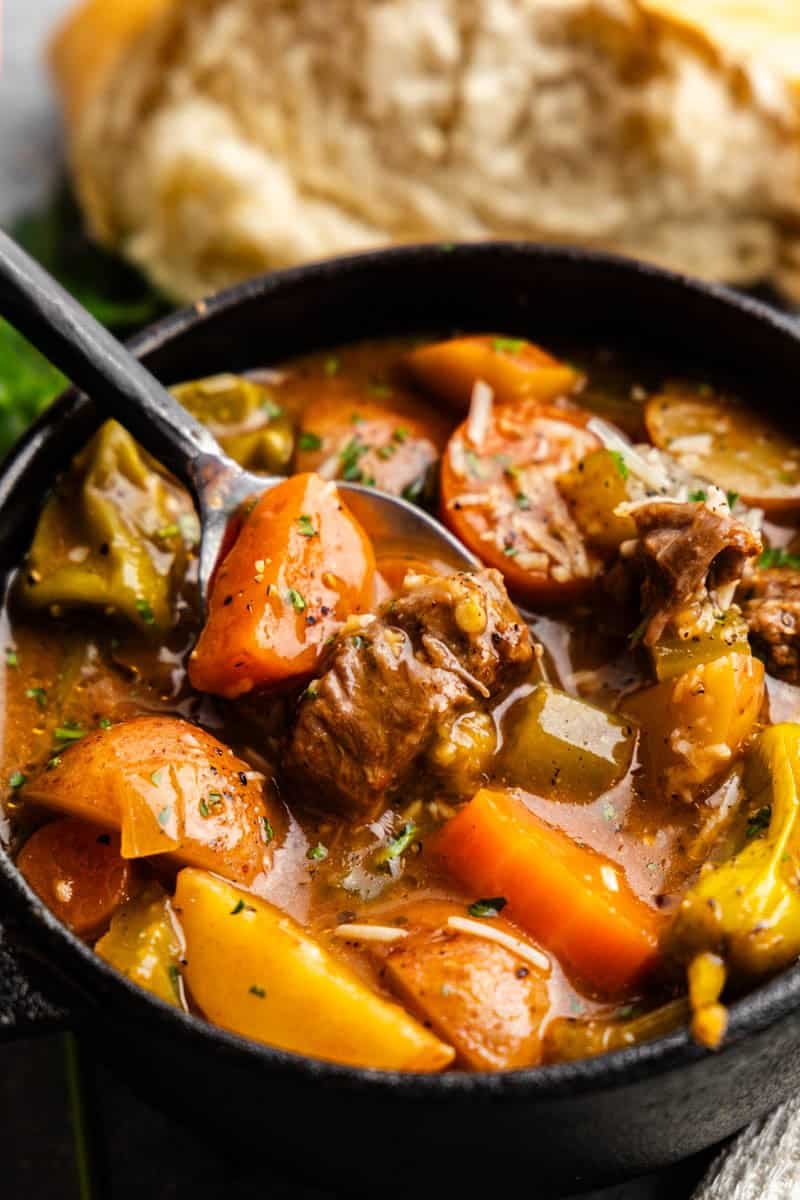 Closeup shot of a spoonful of Mississippi Beef Stew.