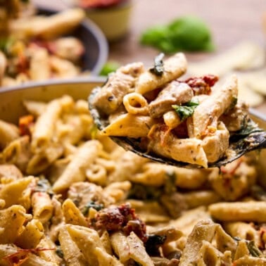 A large spoonful of One Pot Italian Chicken and Pasta.