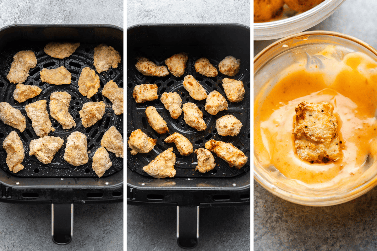 Collage of images for process of making bang bang chicken.