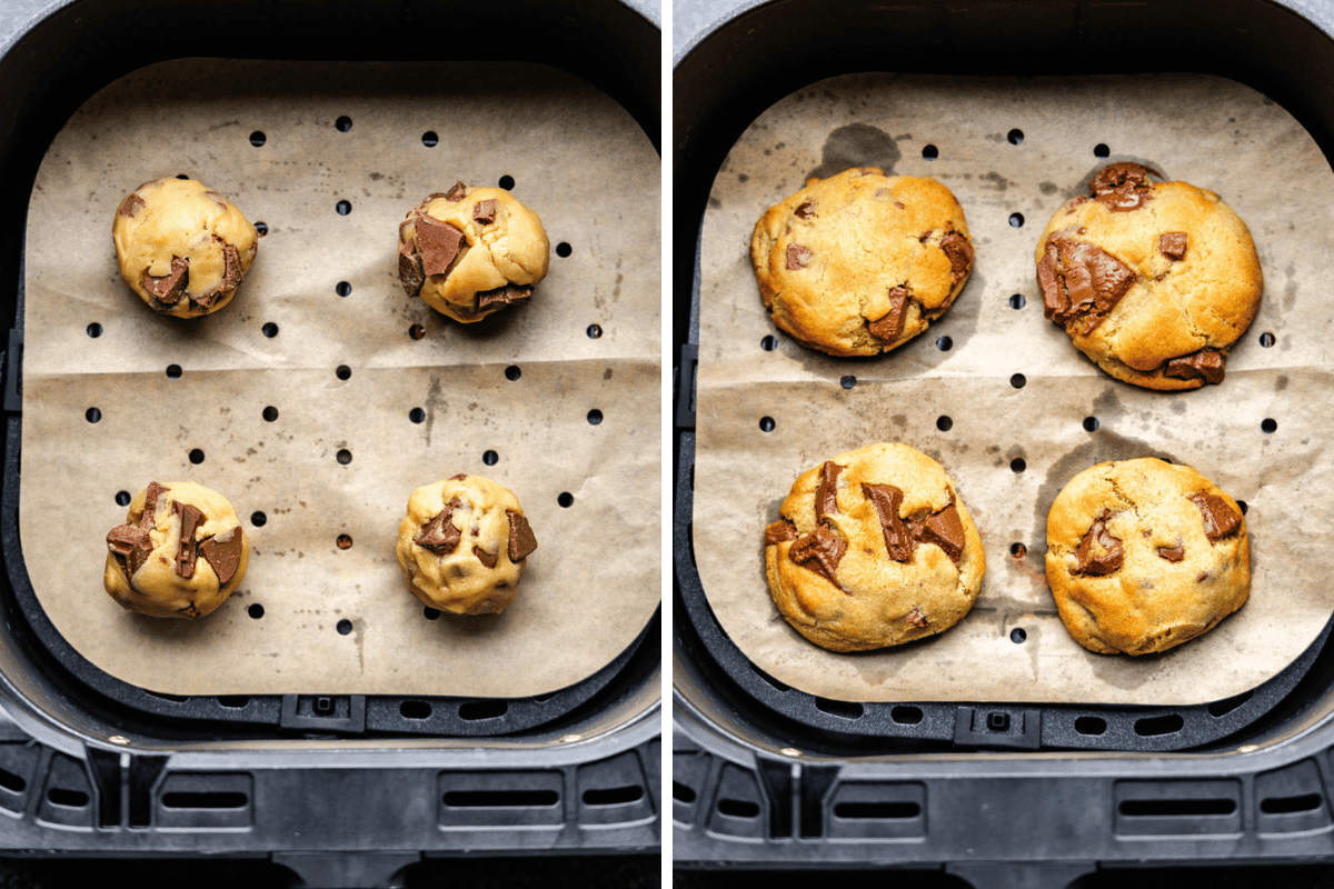 Chocolate chip cookies in air fryer basket before and after being baked collage.