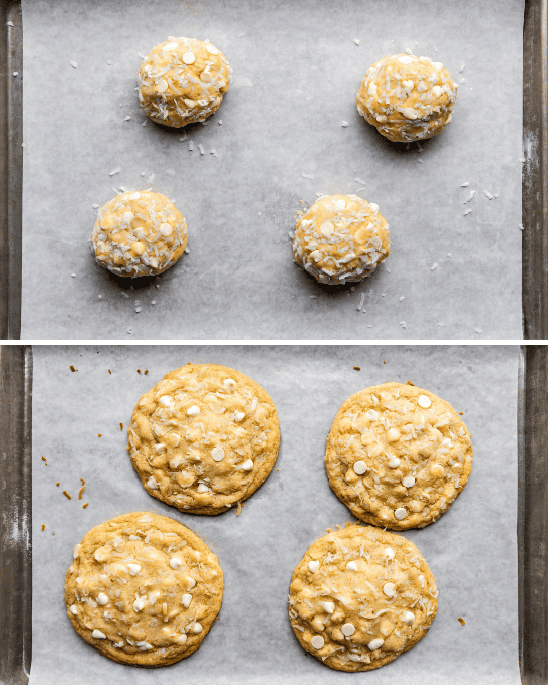 Collage of the process of making Bakery Style Pina Colada Cookies.