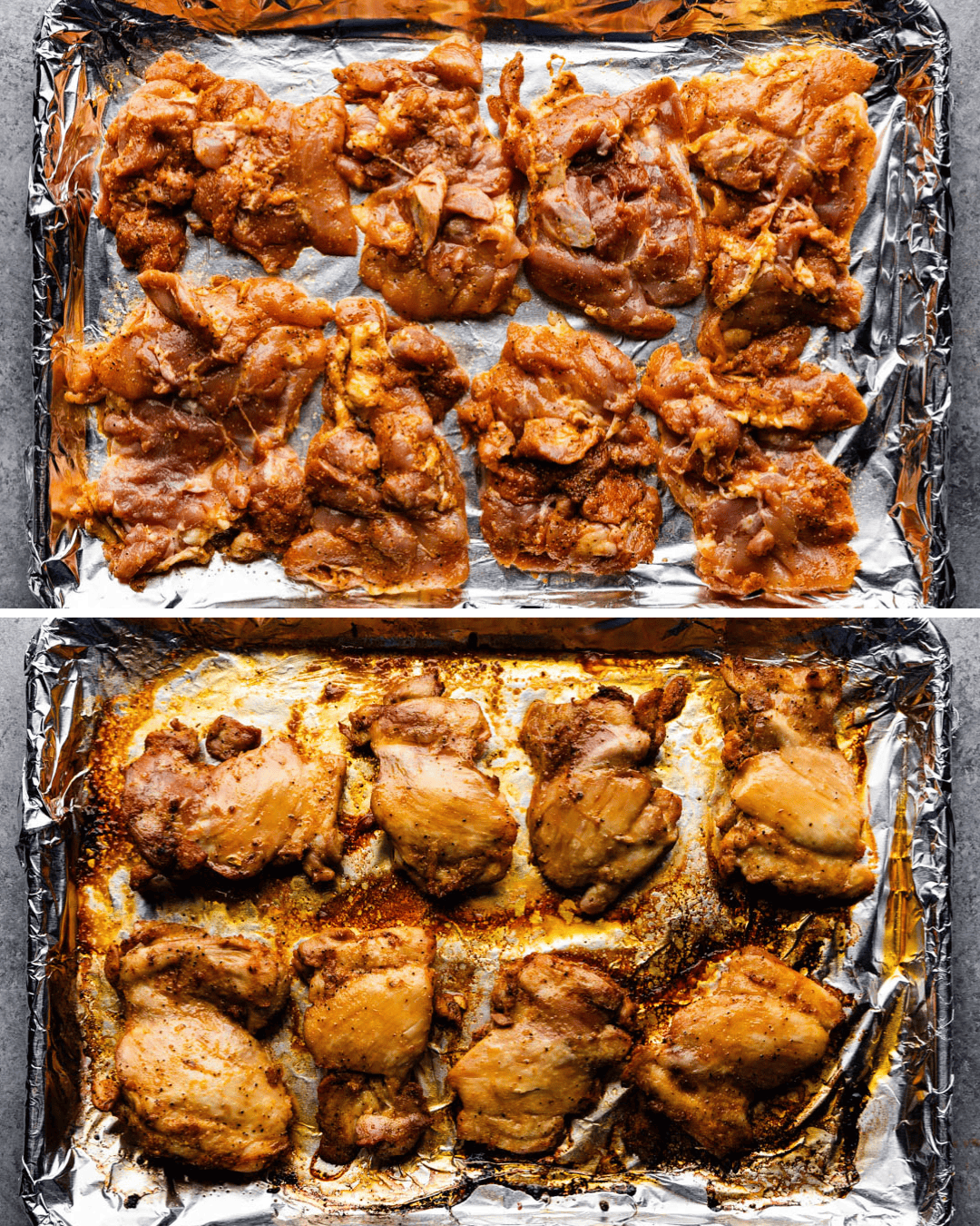 Collage of Boneless Skinless Chicken Thighs on a pan before and after images.