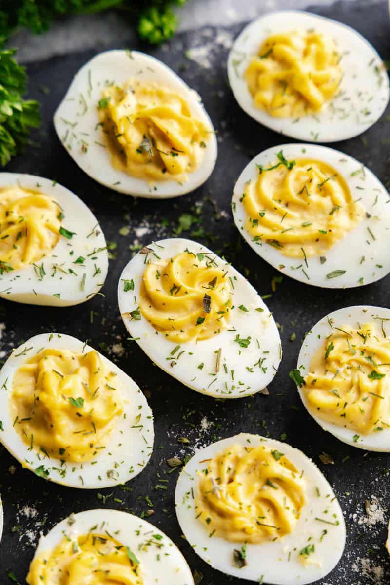 Angled shot of Ranch Deviled Eggs.