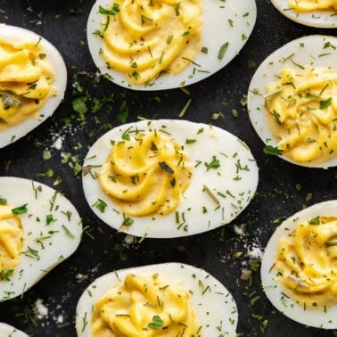 Closeup of Ranch Deviled Eggs.