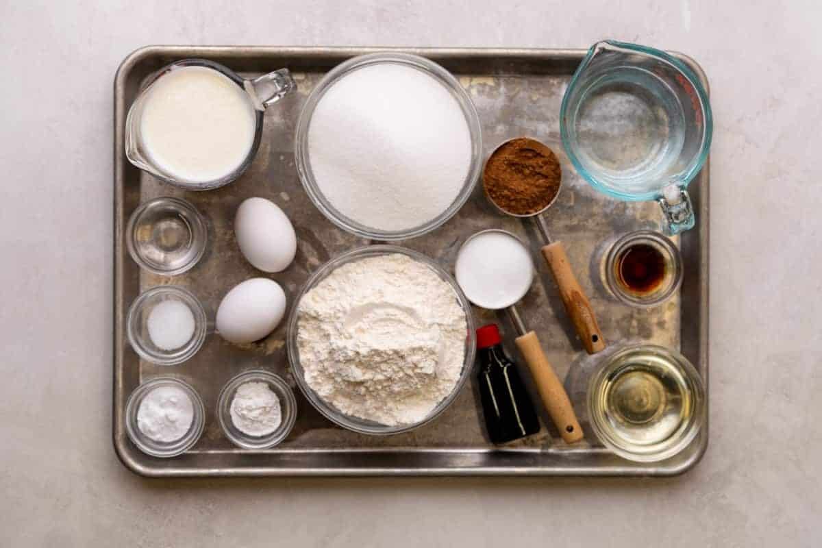 An overhead view of the ingredients needed to make red velvet sheet cake.